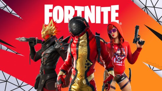 Fortnite Zero Build Arena promo image showing three characters on a red background