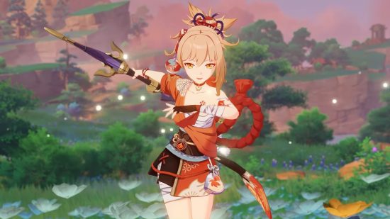 Genshin Impact banners: Yoimiya us on the current banner, hold her bow behind her