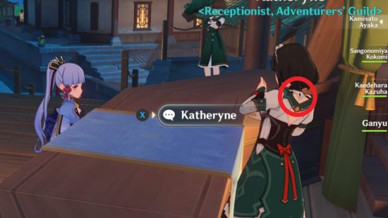 Genshin Impact fan theory: Katheryne is seen from behind, raising her hand, and a keyhole is visible at the base of her neck