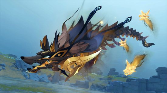 Genshin Impact mounts: A wolf-like dragon creature glides above the ground, accompanied by three golden spectral wolf heads