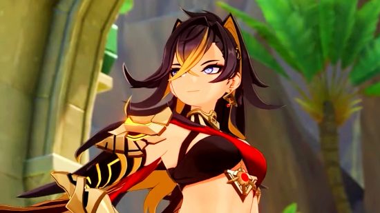Genshin Impact Dehya - a lady in red and black wraps with gold-tipped hair and wolf ears