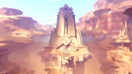 Genshin Impact 3.0 - Sumeru desert ruin, a grand structure with ornate design rising up between arid desert rock formations