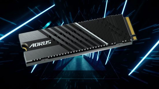 The Gigabye Aorus Gen4 7000s SSD floats against a series of angular lines filled with neon light