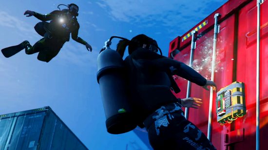 GTA Online Criminal Enterprises - two divers place an explosive on an underwater crate