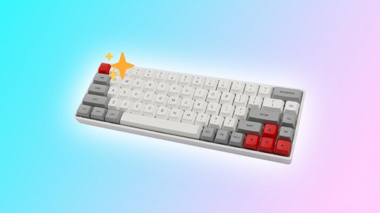 How to clean keyboard: Epomaker mechanical keyboard with sparkle emoji on blue and pink backdrop