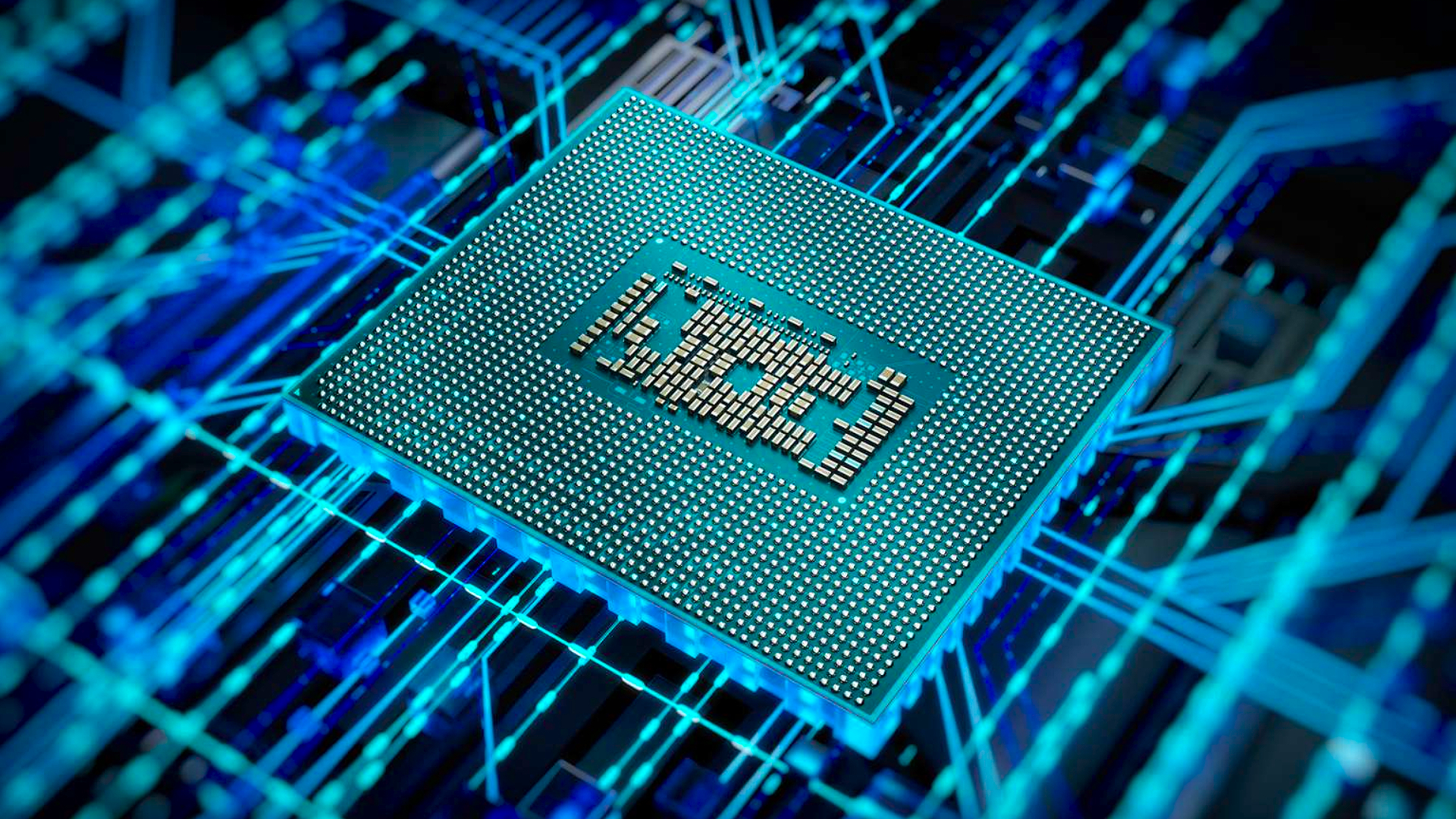 Intel Raptor Lake CPU: Chip render on blue grid backdrop