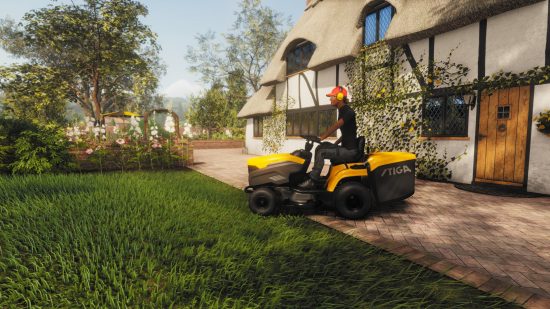 Lawn Mowing Simulator free: A worker rides a yellow-accented Stiga lawnmower outside a Tudor-style cottage with leaded glass windows and a thatched roof.