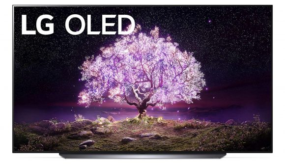 LG OLED C1 TV on a white background. On its screen is a picture of a tree on a starry night, along with the words 