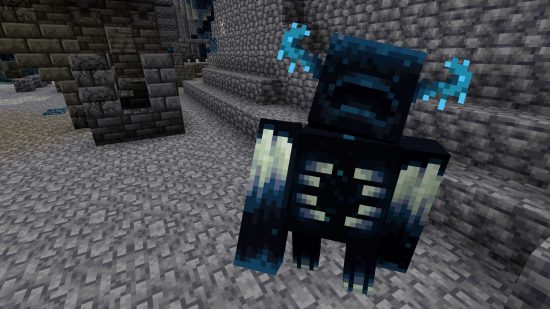 Minecraft Ancient City: a guardian looking at the player