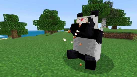 Panda eating a Minecraft cake