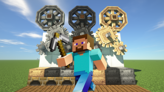 Minecraft Mod image showing steve with a pickaxe in front of complicated machinery