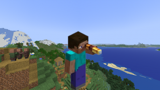 Minecraft Steve in front of a vista from a Minecraft mod