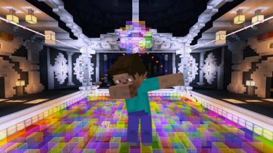 A Minecraft dance floor with Steve dabbing in front of it