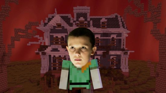 A Minecraft Stranger Things build is in the background with Eleven's Head atop Alex's body in the foreground