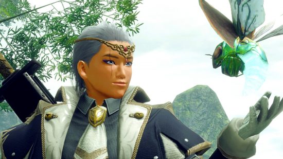 Monster Hunter Rise Sunbreak sales - a hunter in the Sunbreak promotional outfit looking at a wirebug