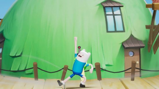 Best Multiversus Finn perks: Finn is cheering outside of his Fort in the Land of Ooo.