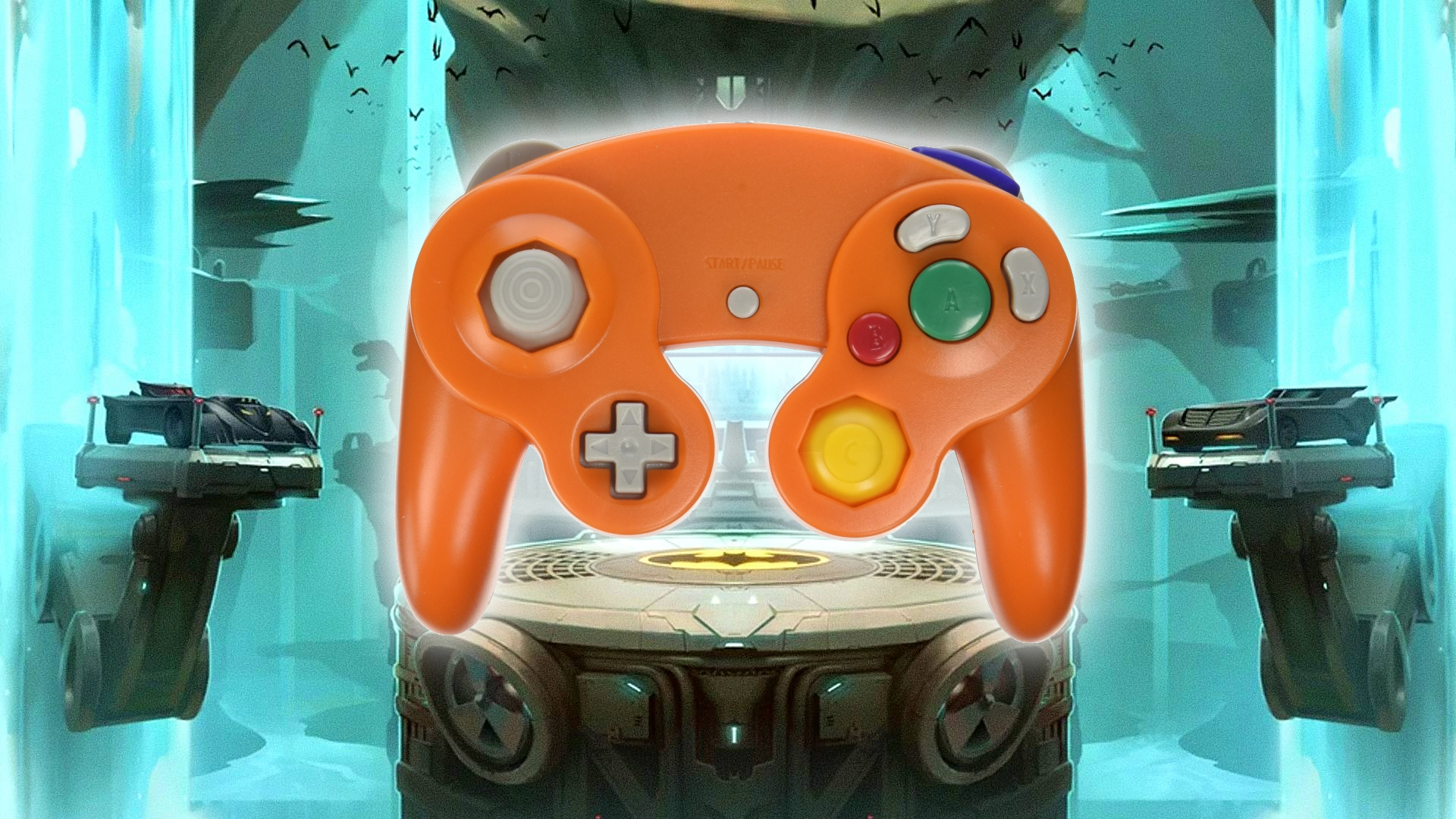 Multiversus: Batcave stage with glowing orange Gamecube controller in centre