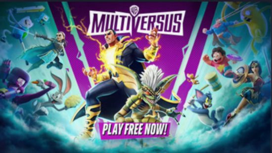 Multiversus new characters upcoming: a promotional image of Multiversus with Black Adam and Stripe from Gremlins in the centre of the logo.