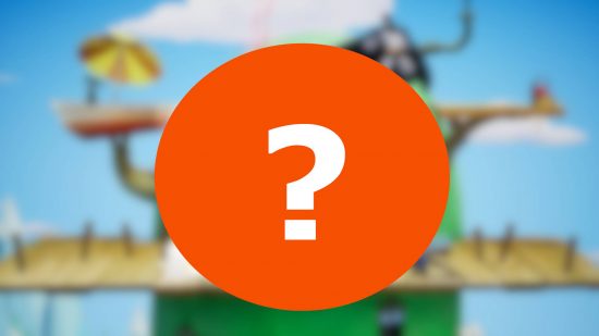 Multiversus new characters: a blurred screenshot of Multiversus gameplay with a big orange circle and a question mark on top.