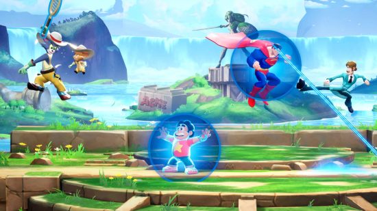 The best Multiversus perks: Shaggy, Tom and Jerry, Steven Universe, and Superman fighting on Wonder Woman's stage.