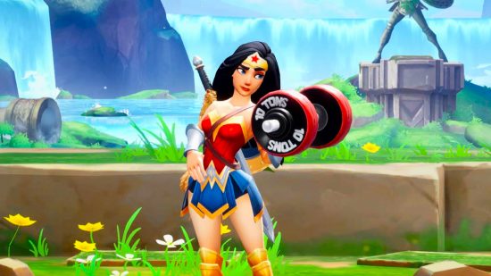 Multiversus system requirements: Wonderwoman lifting weight with waterfall backdrop