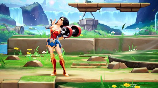 Multiversus tier list: Wonder Woman lifting weights and yawning.