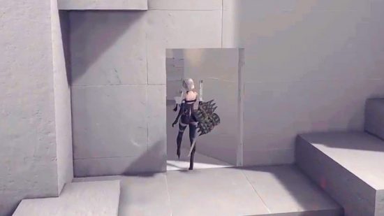 Nier: Automata secret room: A2 opens a doorway hidden in a white wall in the Copied CIty