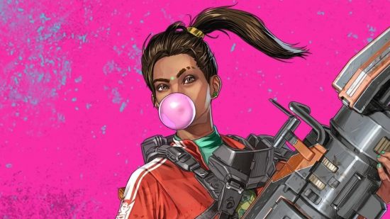 Nvidia drivers: Apex Legends character Rampart blowing bubblegum bubble on pink backdrop