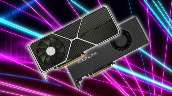 RTX 4000 and RDNA 3 trademarks: Geforce and Radeon graphics cards on blue and pink beam AMD backdrop