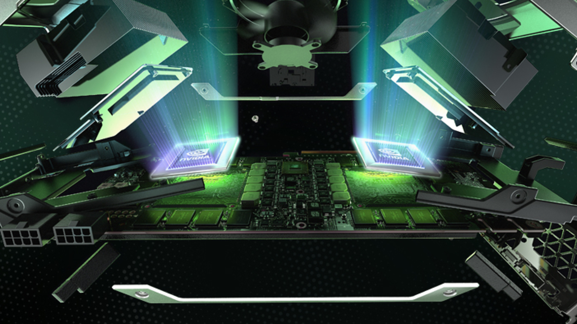 Nvidia RTX 4090 Ti: Dual-chip Nvidia GeForce internal GPU rendering with green glow