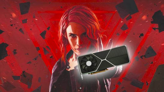 Nvidia RTX 4090 Ti: Jesse Faden from game Control holding glowing GeForce graphics card on red backdrop