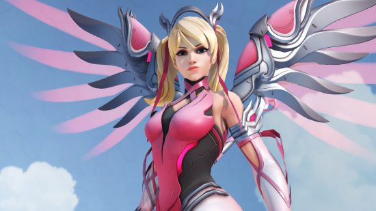 Overwatch Pink Mercy Breast Cancer Awareness skin stands against blue skies with clouds
