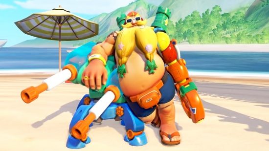 Torbjorn relaxes on the beach, but his Overwatch 2 skin could cost a pretty gold piece