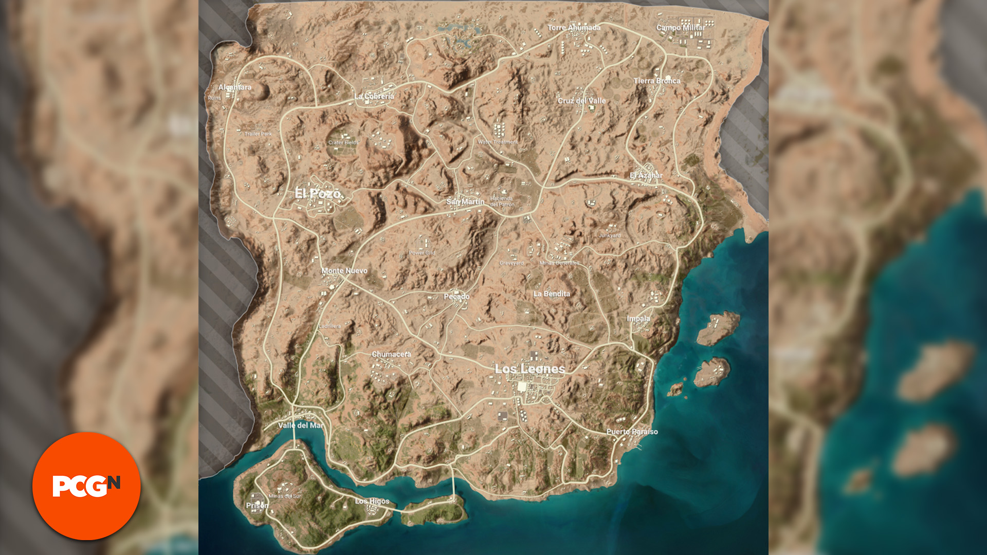 Playerunknowns Battlegrounds PUBG Map: a map view of Miramar