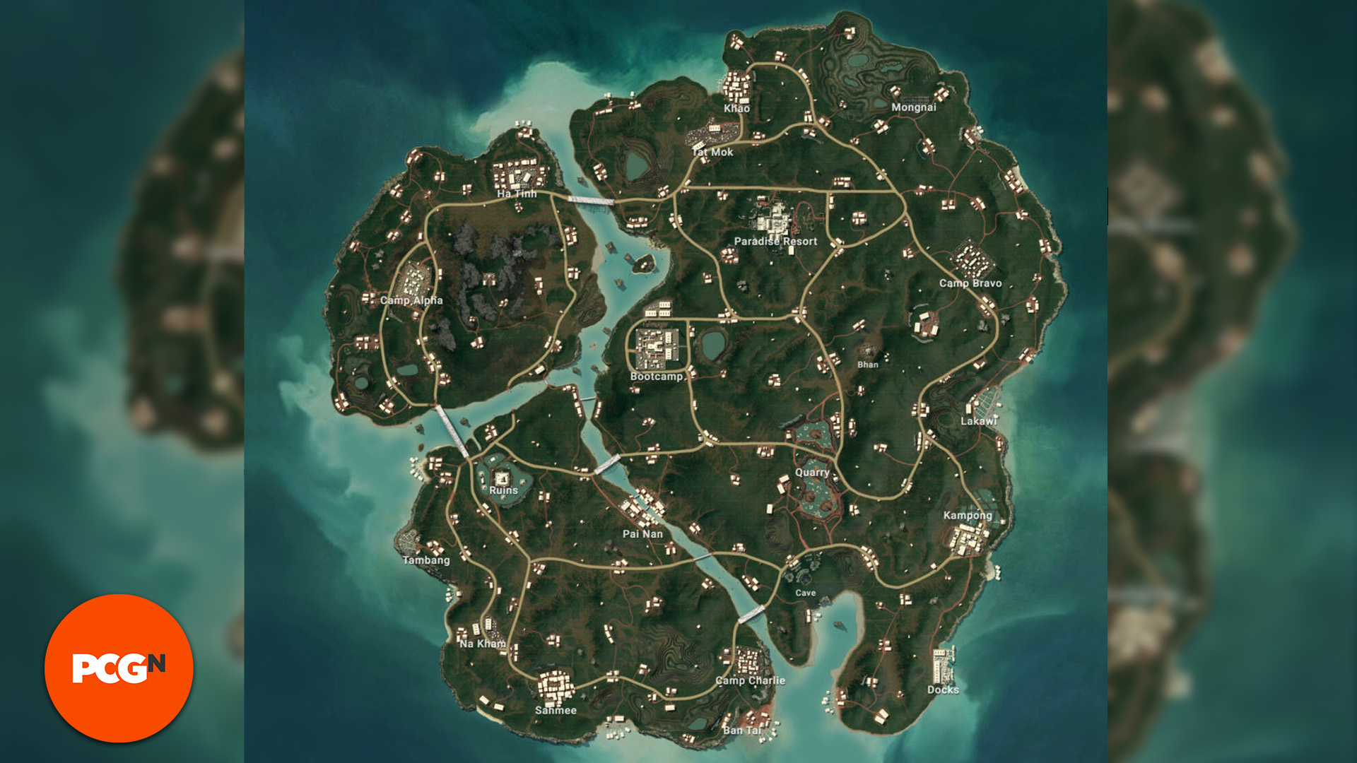 Playerunknowns Battlegrounds PUBG Map: a map view of Sanhok