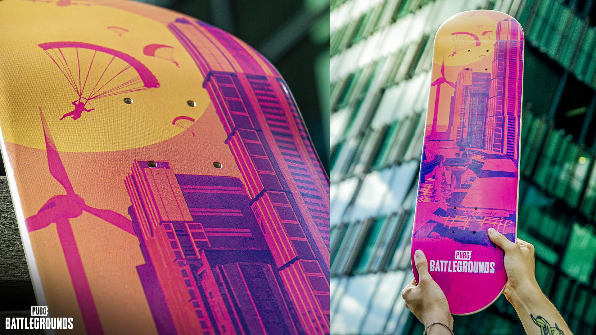 PUBG Giveaway: A close-up of a PUBG-branded skateboard, designed in yellow, orange, pink and purple, depicting a player skydiving between skyscrapers in the new map Deston