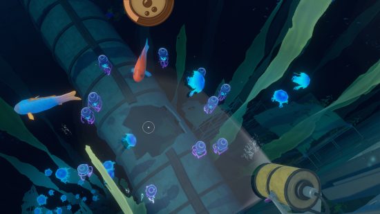 Raft Varuna Point walkthrough: Looking down on the spotlights with jellyfish in the water