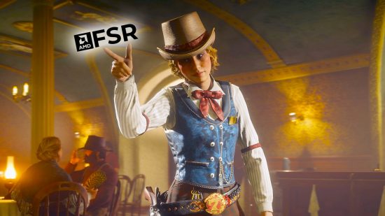 Red Dead Redemption 2 character with blue waistcoat and cowboy hat pointing at glowing AMD FSR logo