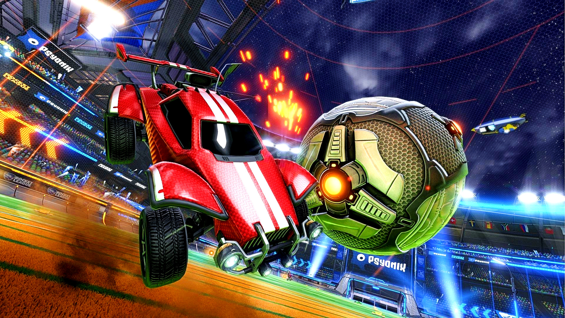 Rocket League - a red car intercepts a large ball in mid-air over a football-style pitch