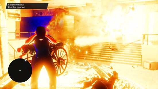 Saints Row 2022 - a cannon fires, denonating a museum's internal wall in a massive explosion