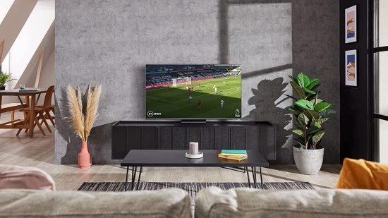 Samsung gaming TV placed on a stand within a beautiful living room.