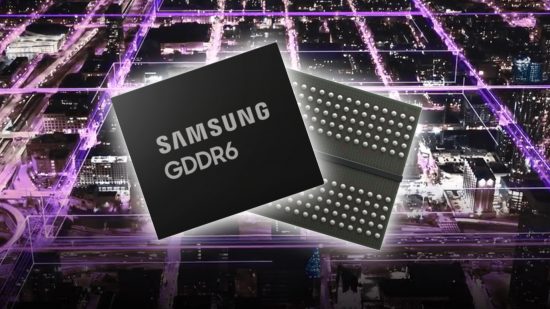 Samsung GDDR6 memory modules with purple cityscape backdrop