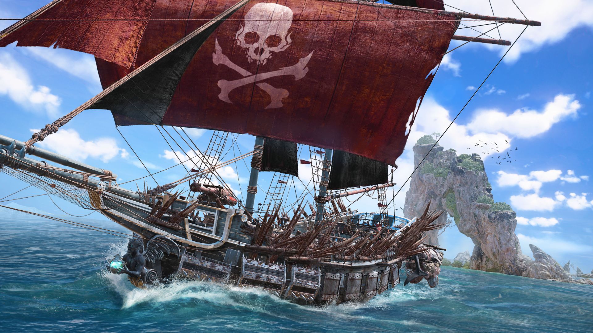 Skull and Bones utgivelsesdato: Et intrikat dekorert piratskip seiler mot oss, og viser frem tilpassede flagg, pigget rustning og en mystisk figurhead