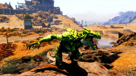 Skyrim mod - Feral Dragon Avatar - an emerald green dragon roars in the fields outside Whiterun