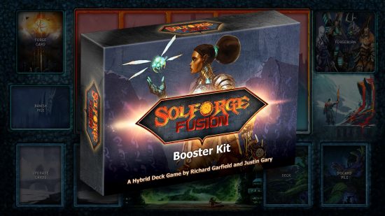 SolForge: Fusion release date: A SolForge: Fusion booster set superimposed over a play mat that features combat lanes and deck setup areas.