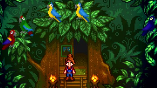 Stardew Valley mod Project Terrarium - a character standing in a forest surrounded by colourful birds