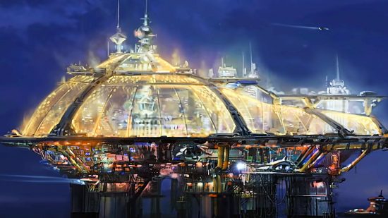 Starfield Neon: a concept art depiction of Neon, a city built on top of a fishing station with bright lights and a glass dome encasing most of the city