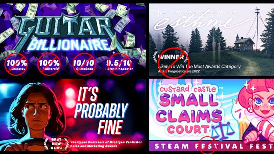 New Steam capsule art guidelines, showing multiple fake games with extraneous text crossed out on the images