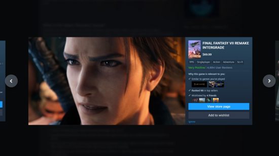 Steam Discovery Queue update: Steam's new Discovery Queue displays Final Fantasy VII Remake Intergrade