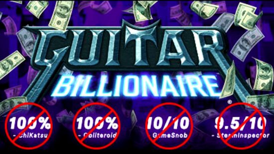 Steam game art rules: logo for a fake game, "Guitar Billionaire," with crossed-out review scores listed underneath